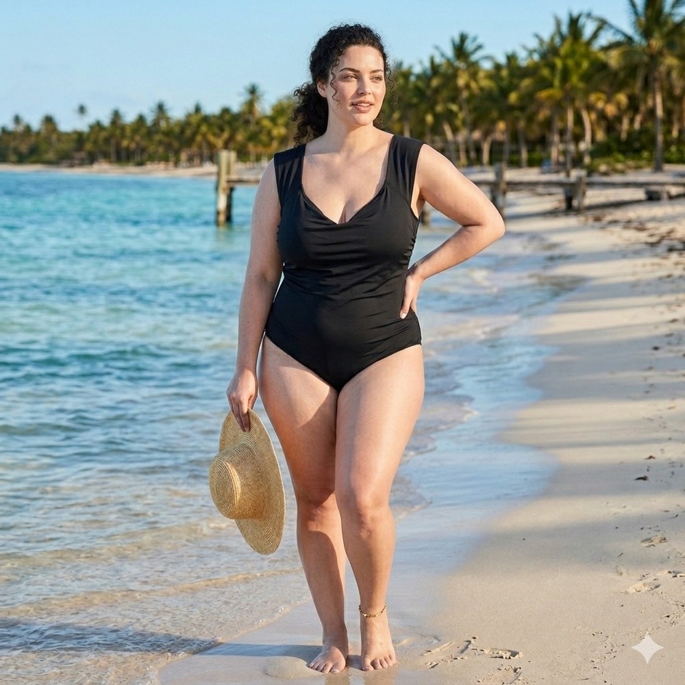 Lands End Womens 24W Black V-Neck Ruched One Piece Swimsuit Strappy Back Plus Sz